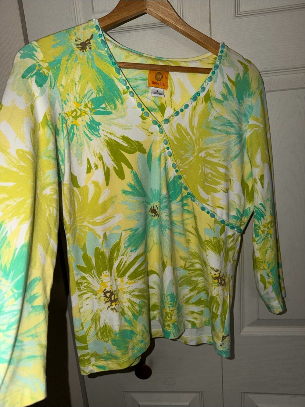 Ruby Rd. Yellow & Aqua Floral V-Neck Tunic Top with beaded neckline